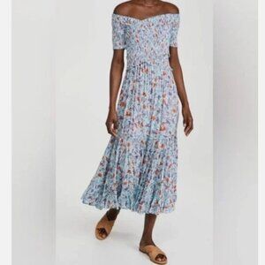 Poupette St. Barth Soledad Smocked Off-Shoulder Midi Dress Blue Size Small NWT